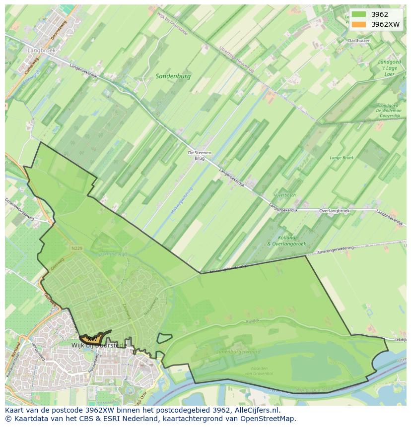 Afbeelding van het postcodegebied 3962 XW op de kaart.