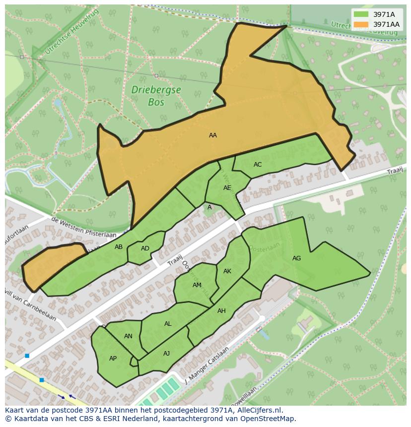 Afbeelding van het postcodegebied 3971 AA op de kaart.