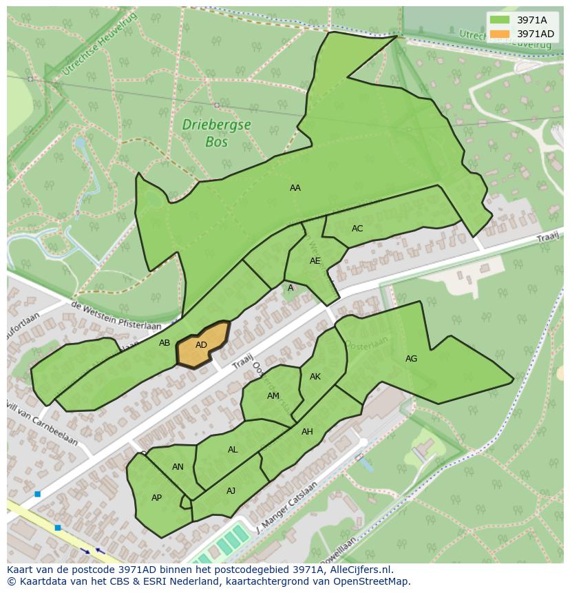 Afbeelding van het postcodegebied 3971 AD op de kaart.