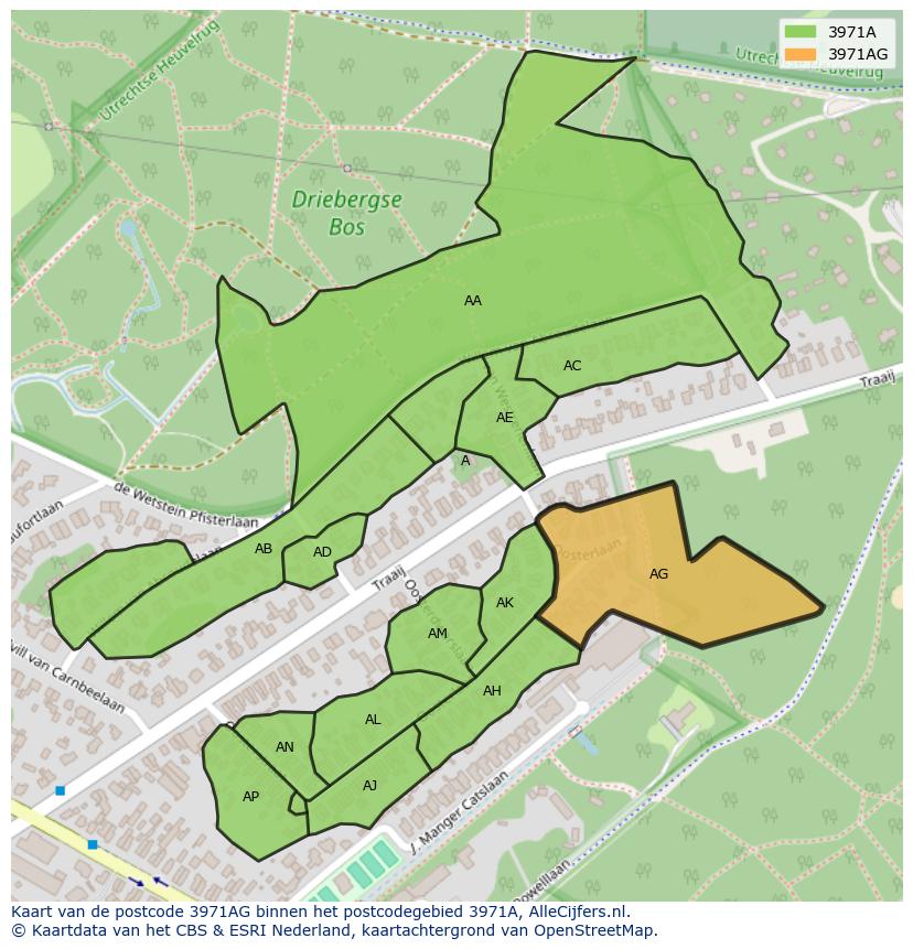 Afbeelding van het postcodegebied 3971 AG op de kaart.