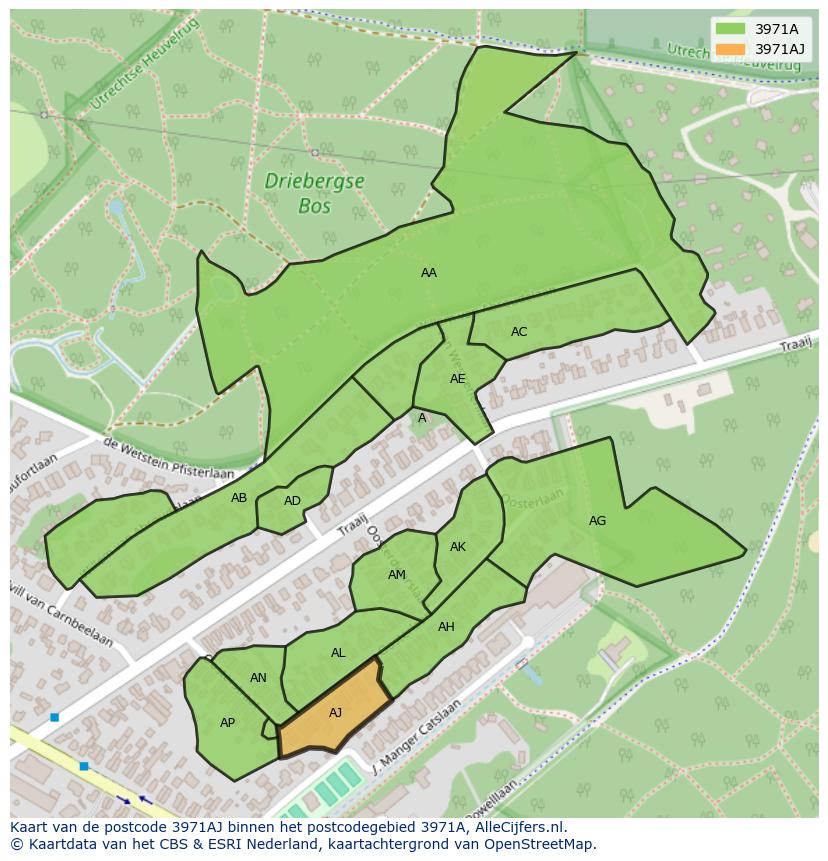 Afbeelding van het postcodegebied 3971 AJ op de kaart.