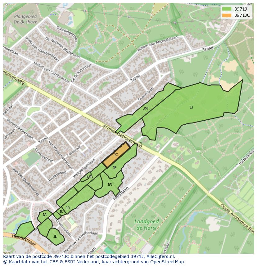 Afbeelding van het postcodegebied 3971 JC op de kaart.