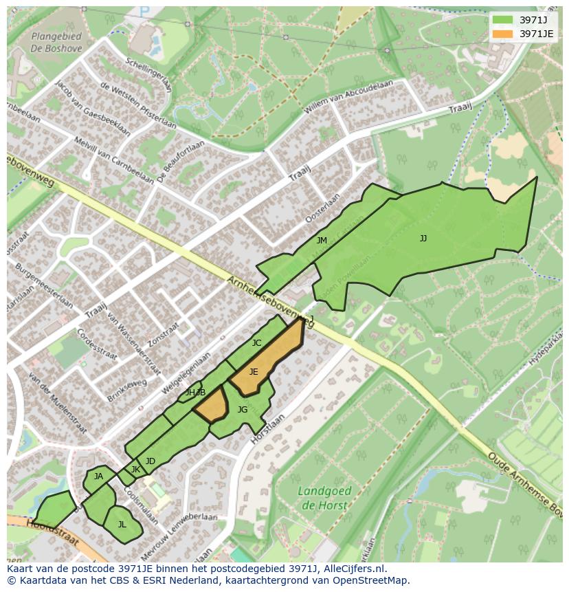 Afbeelding van het postcodegebied 3971 JE op de kaart.