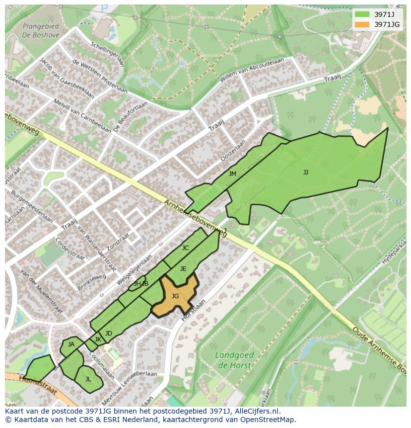 Afbeelding van het postcodegebied 3971 JG op de kaart.