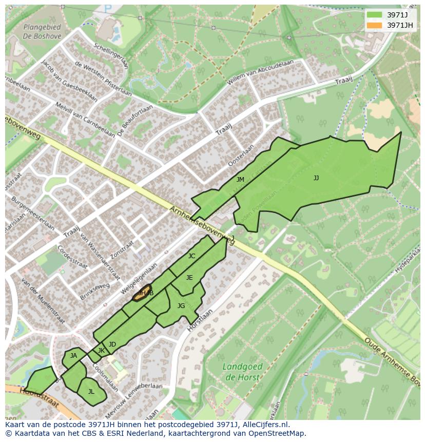 Afbeelding van het postcodegebied 3971 JH op de kaart.
