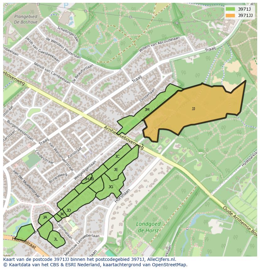 Afbeelding van het postcodegebied 3971 JJ op de kaart.