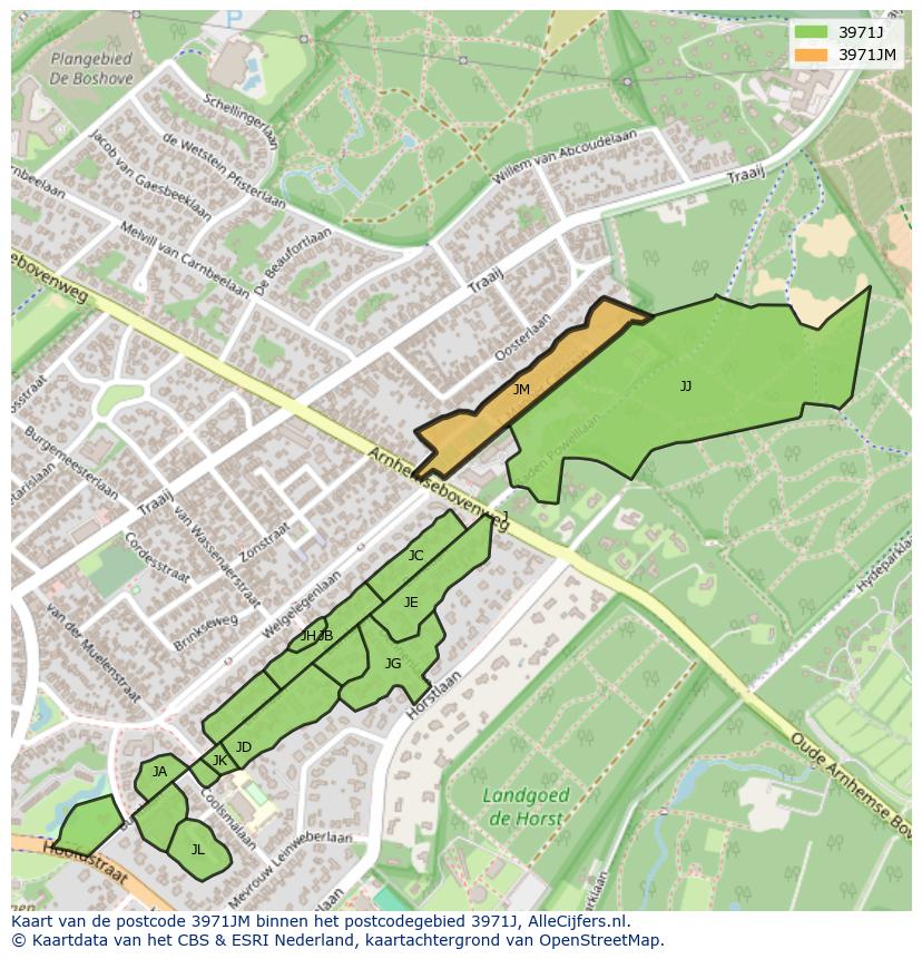 Afbeelding van het postcodegebied 3971 JM op de kaart.
