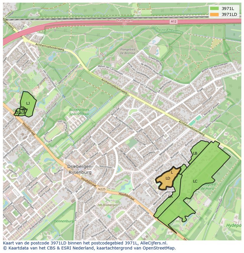 Afbeelding van het postcodegebied 3971 LD op de kaart.