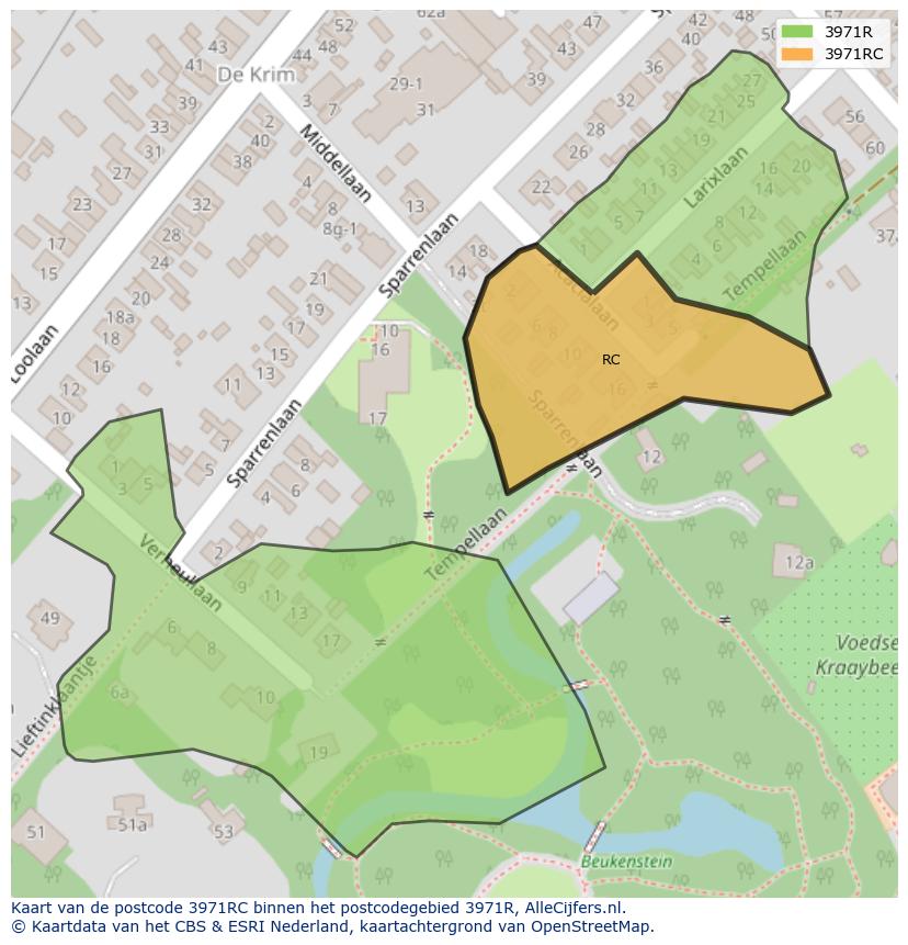 Afbeelding van het postcodegebied 3971 RC op de kaart.