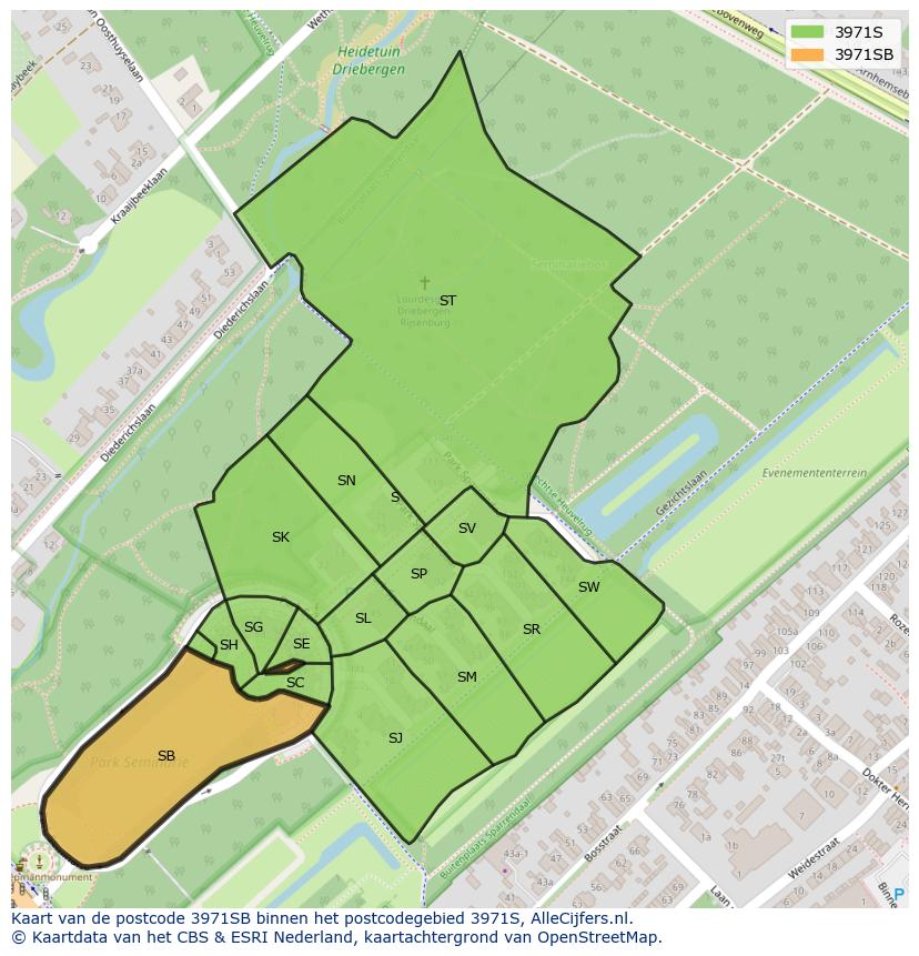 Afbeelding van het postcodegebied 3971 SB op de kaart.