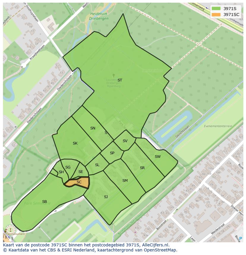 Afbeelding van het postcodegebied 3971 SC op de kaart.