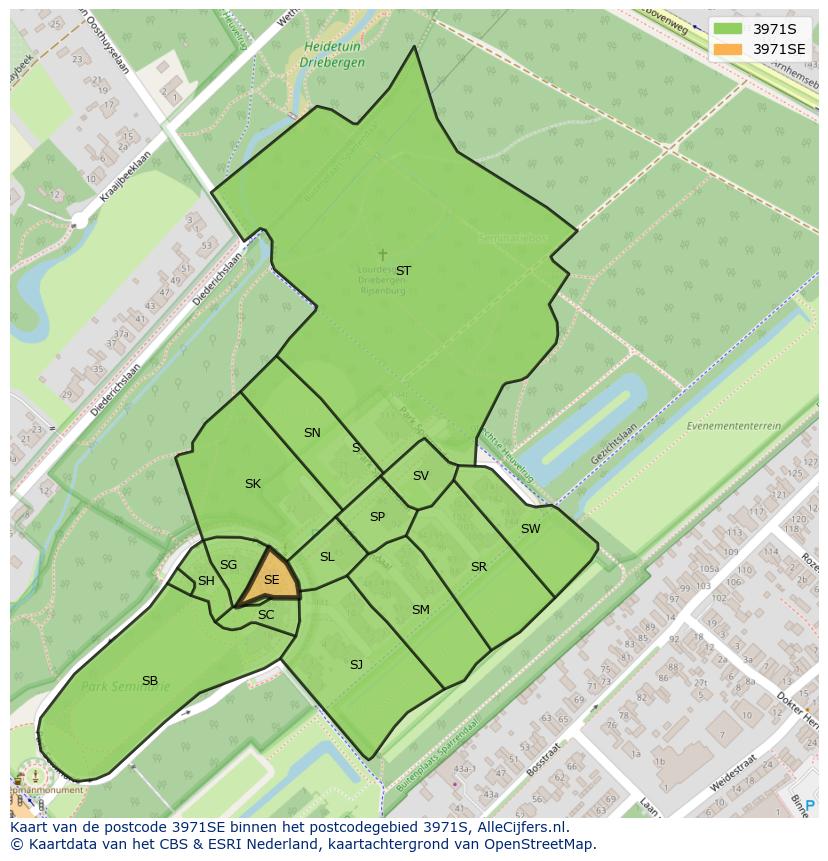 Afbeelding van het postcodegebied 3971 SE op de kaart.