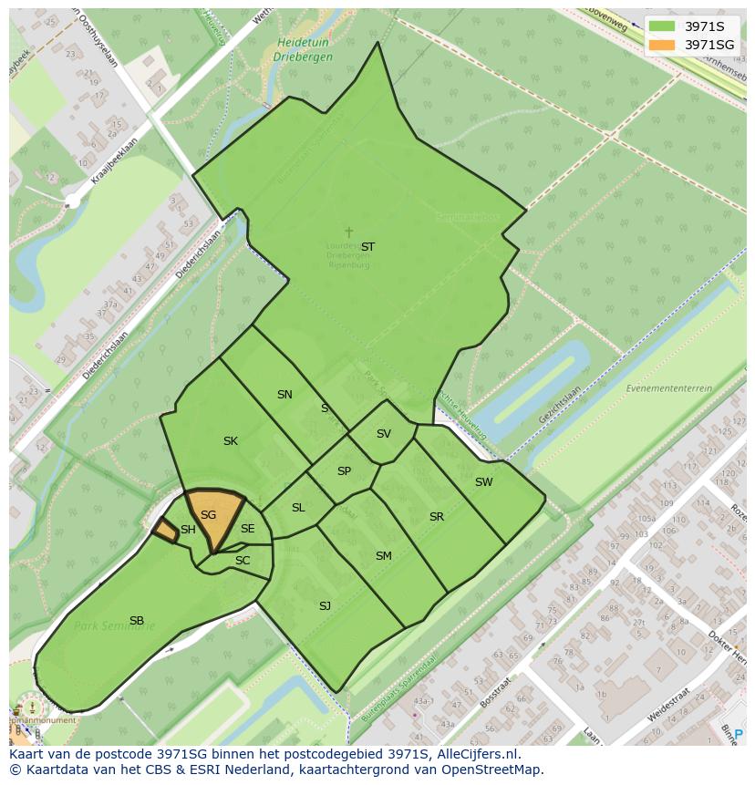 Afbeelding van het postcodegebied 3971 SG op de kaart.