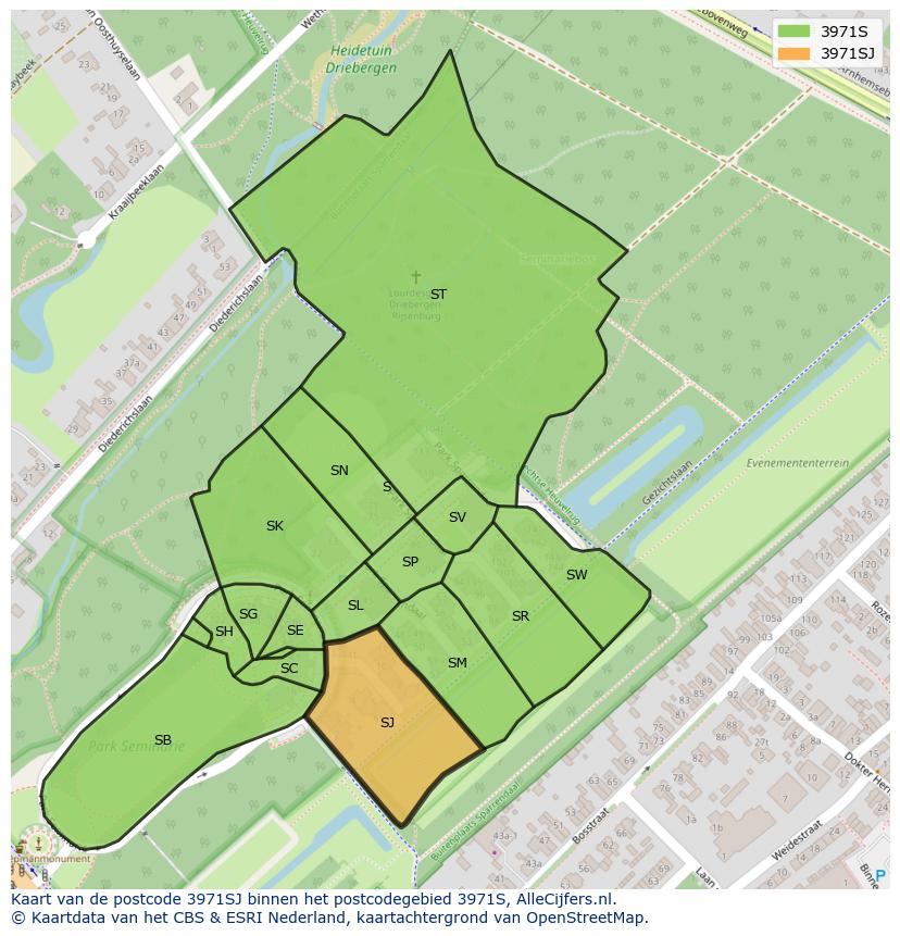 Afbeelding van het postcodegebied 3971 SJ op de kaart.