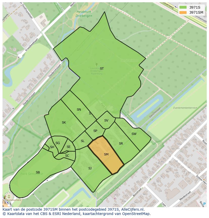 Afbeelding van het postcodegebied 3971 SM op de kaart.
