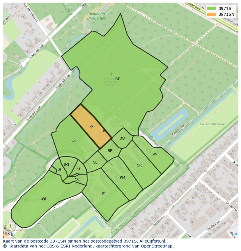 Afbeelding van het postcodegebied 3971 SN op de kaart.