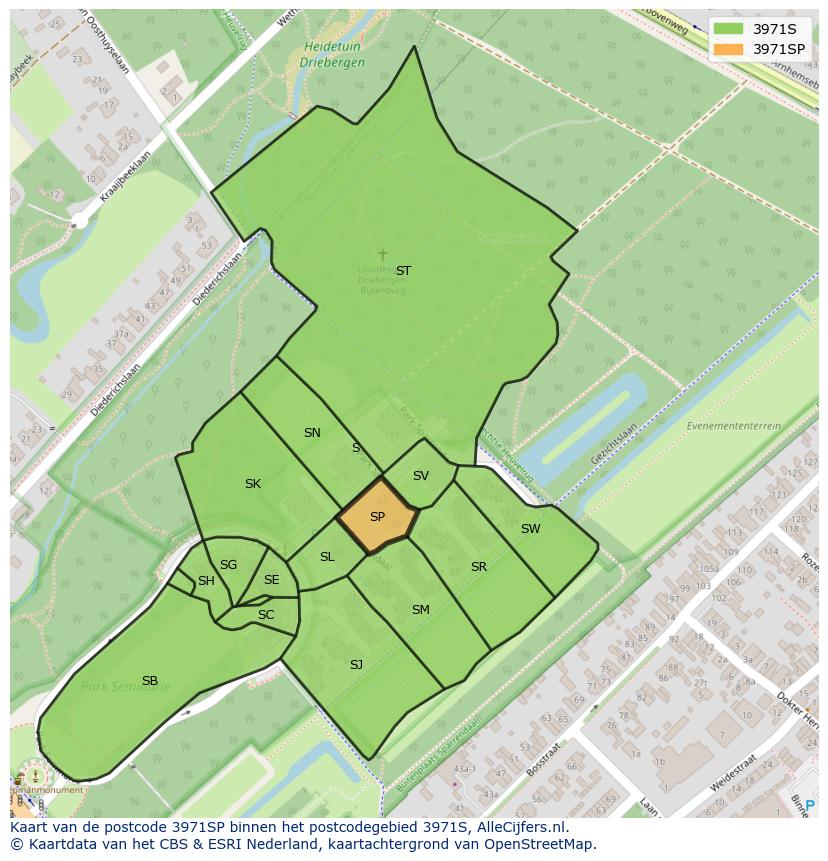 Afbeelding van het postcodegebied 3971 SP op de kaart.