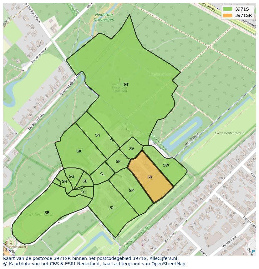 Afbeelding van het postcodegebied 3971 SR op de kaart.