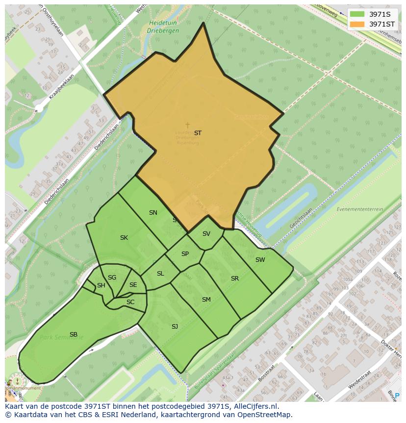 Afbeelding van het postcodegebied 3971 ST op de kaart.