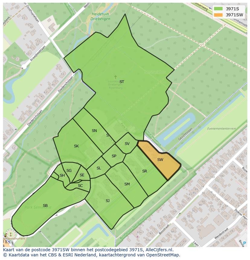 Afbeelding van het postcodegebied 3971 SW op de kaart.