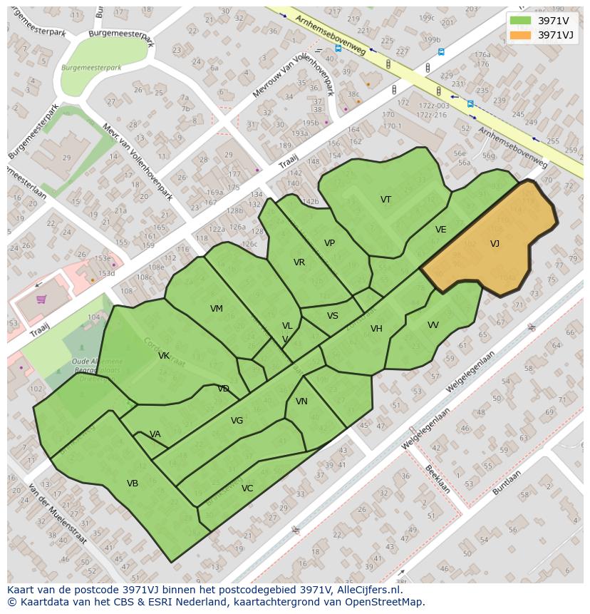 Afbeelding van het postcodegebied 3971 VJ op de kaart.