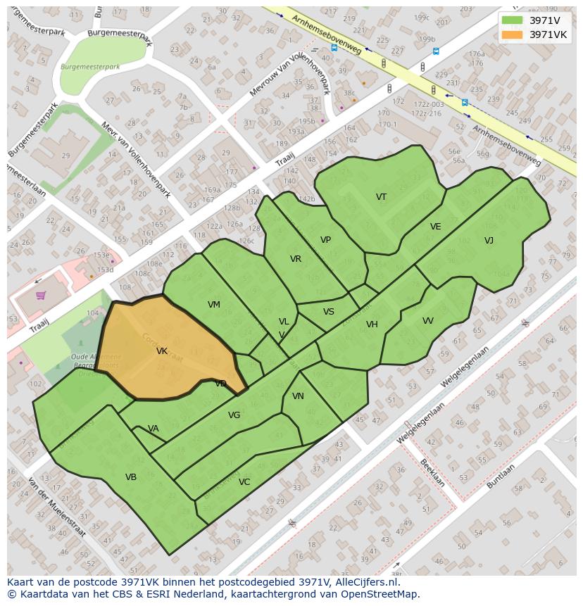 Afbeelding van het postcodegebied 3971 VK op de kaart.