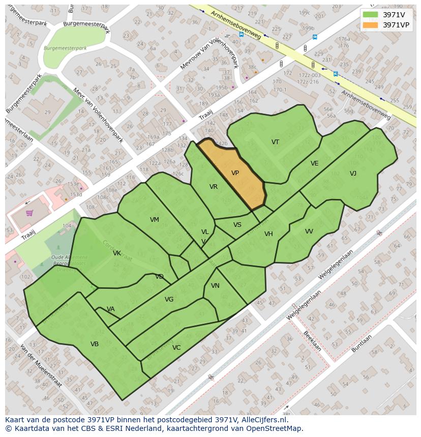 Afbeelding van het postcodegebied 3971 VP op de kaart.