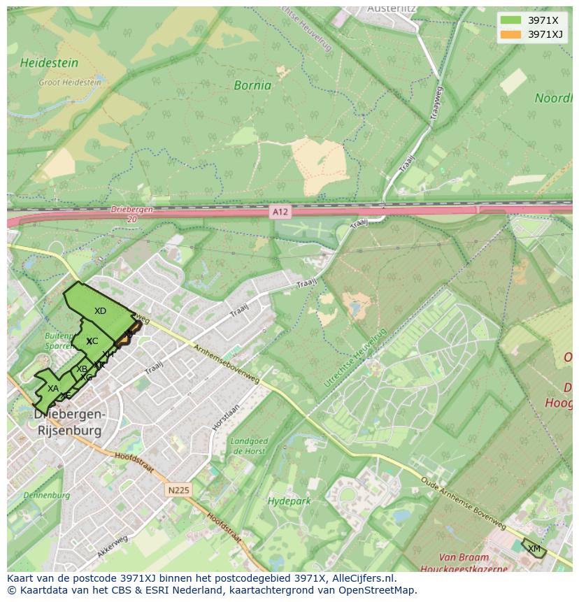 Afbeelding van het postcodegebied 3971 XJ op de kaart.