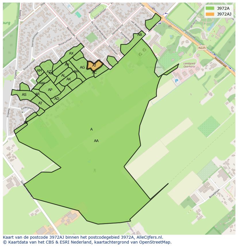 Afbeelding van het postcodegebied 3972 AJ op de kaart.