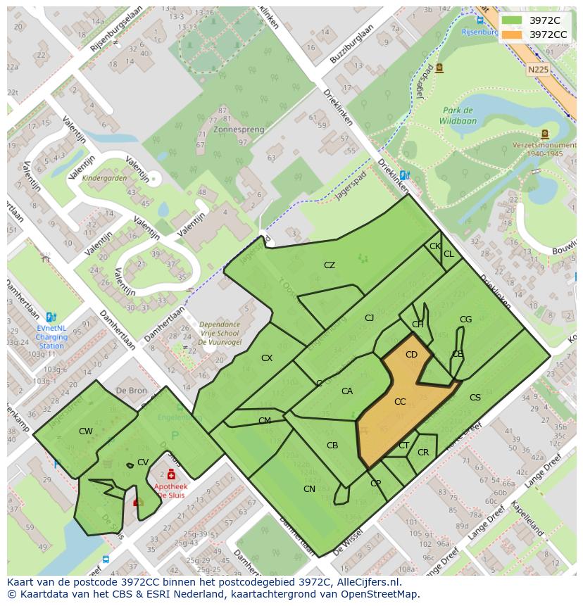 Afbeelding van het postcodegebied 3972 CC op de kaart.