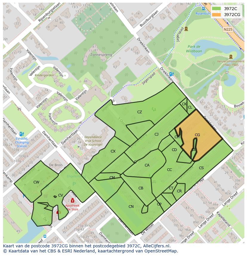 Afbeelding van het postcodegebied 3972 CG op de kaart.