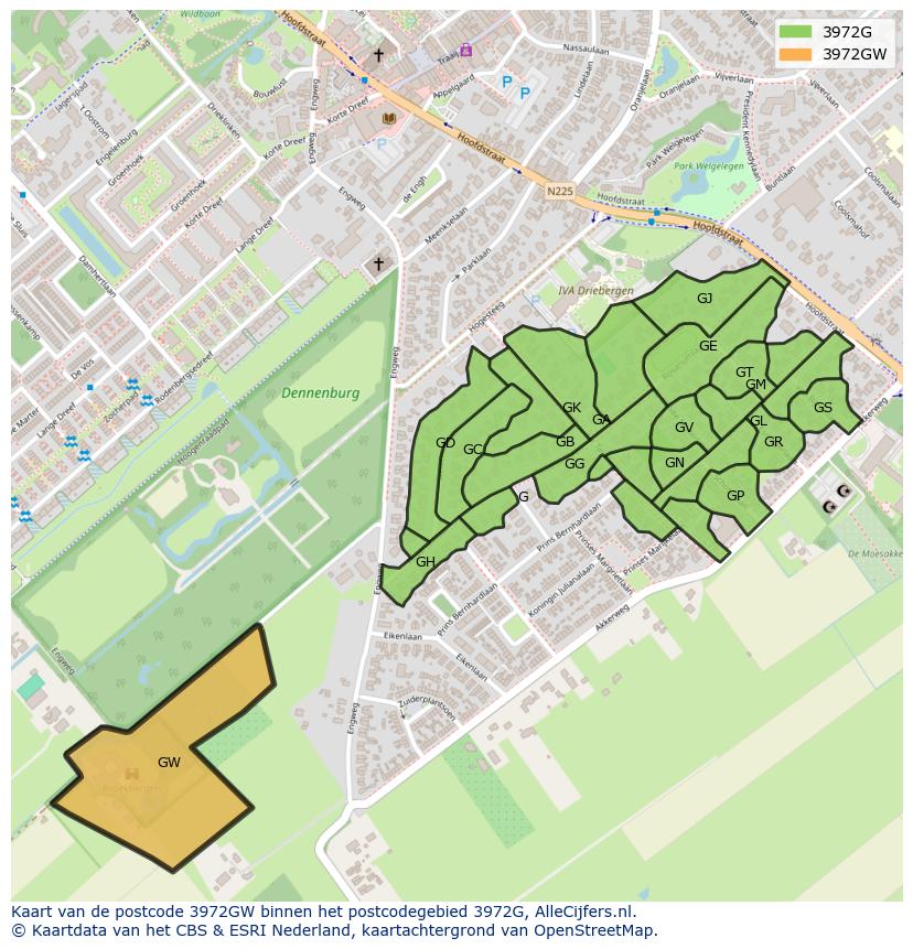 Afbeelding van het postcodegebied 3972 GW op de kaart.