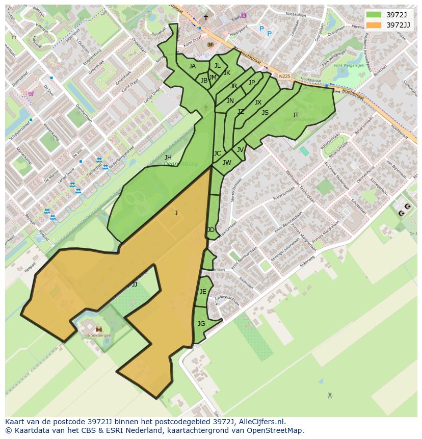 Afbeelding van het postcodegebied 3972 JJ op de kaart.