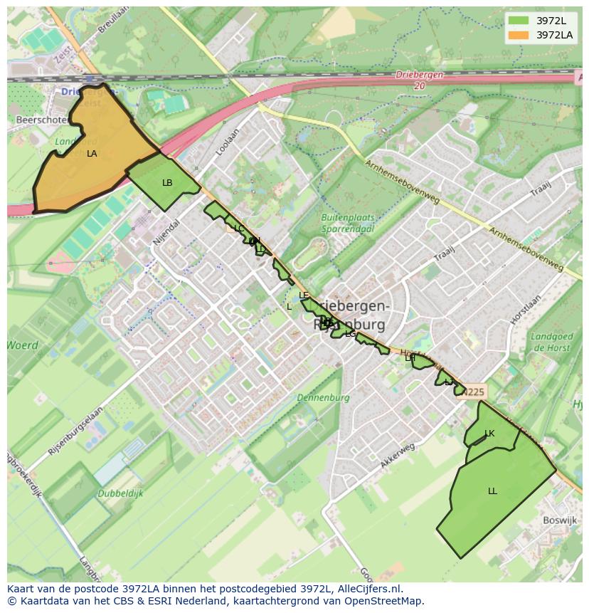 Afbeelding van het postcodegebied 3972 LA op de kaart.