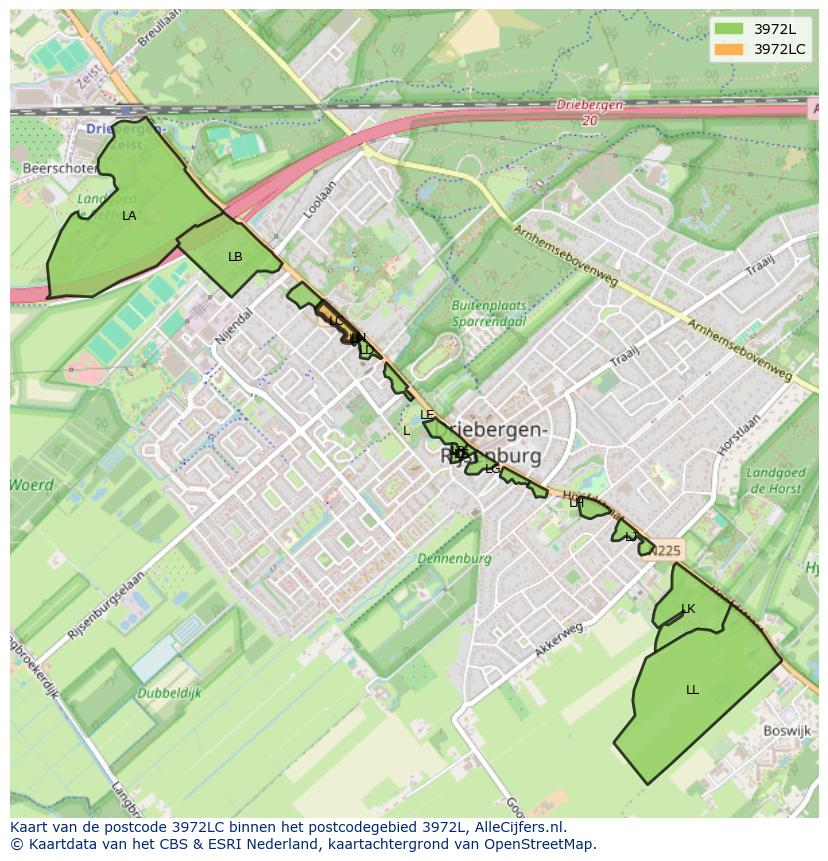 Afbeelding van het postcodegebied 3972 LC op de kaart.