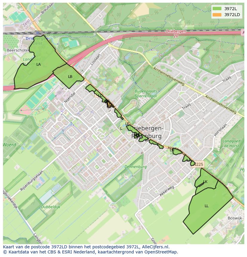 Afbeelding van het postcodegebied 3972 LD op de kaart.