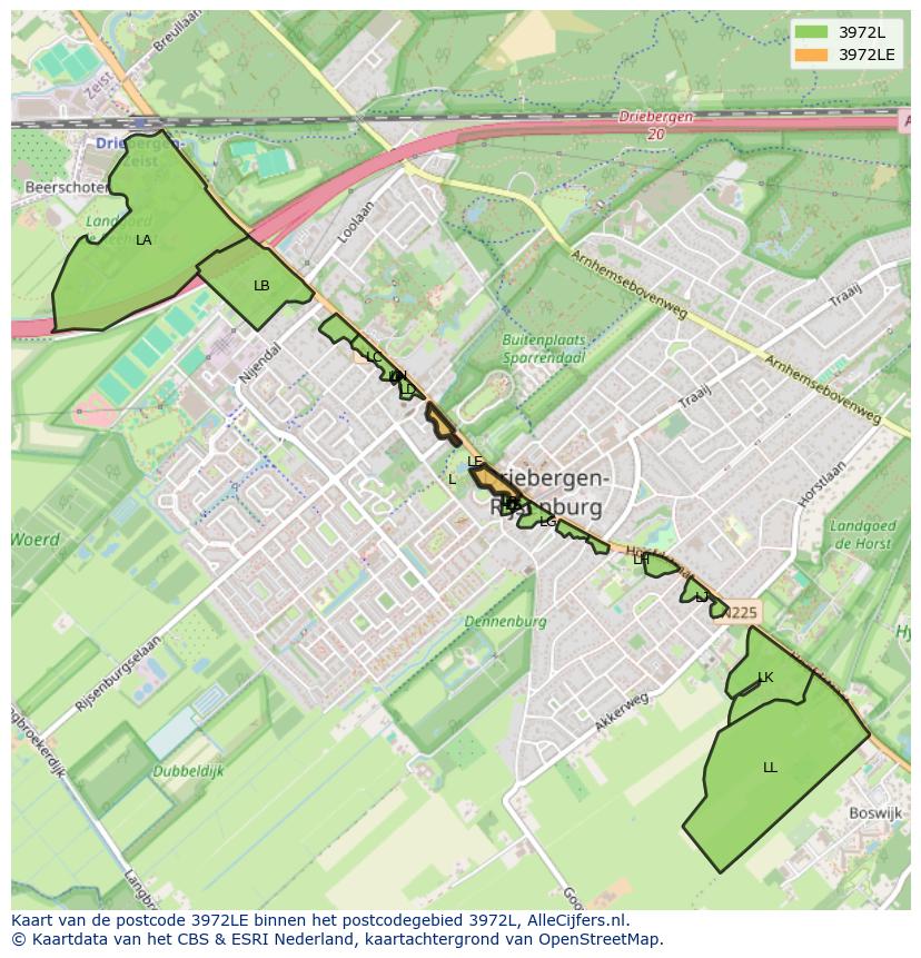 Afbeelding van het postcodegebied 3972 LE op de kaart.