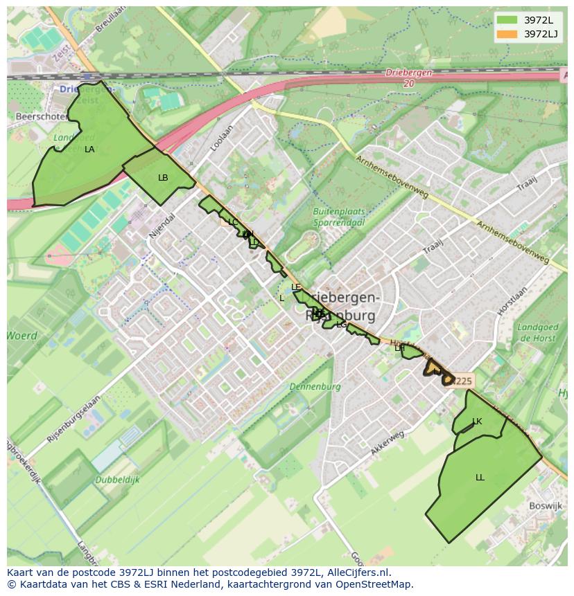 Afbeelding van het postcodegebied 3972 LJ op de kaart.
