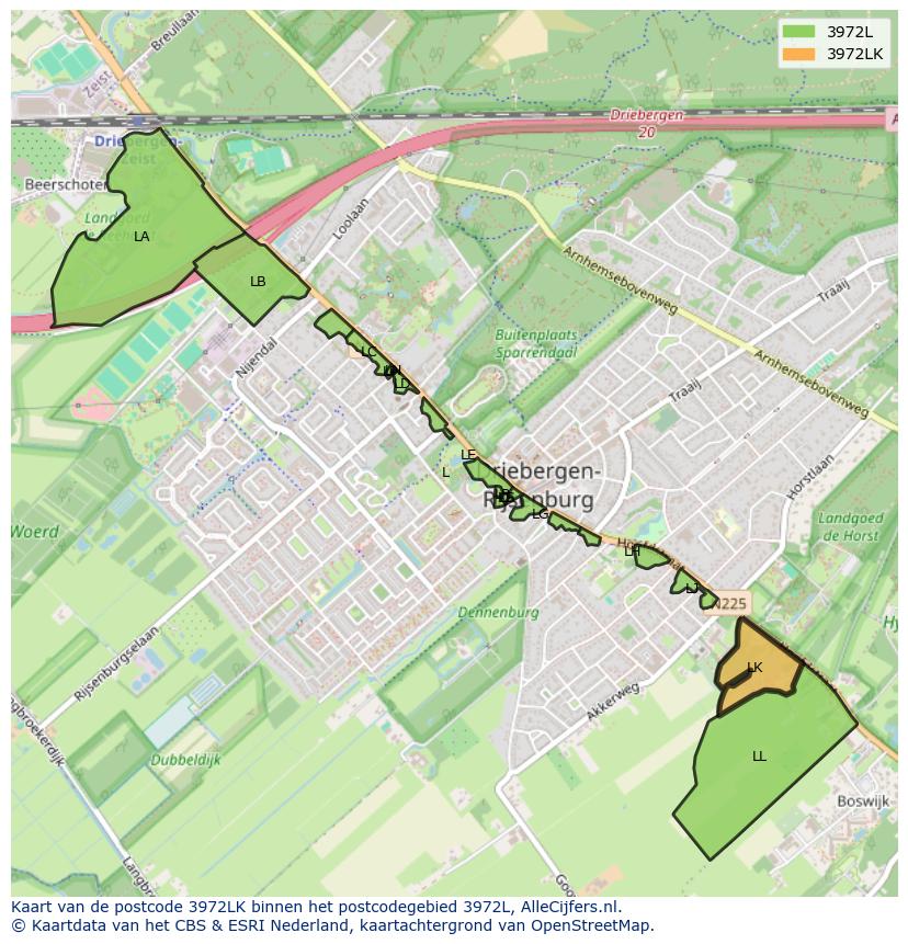Afbeelding van het postcodegebied 3972 LK op de kaart.