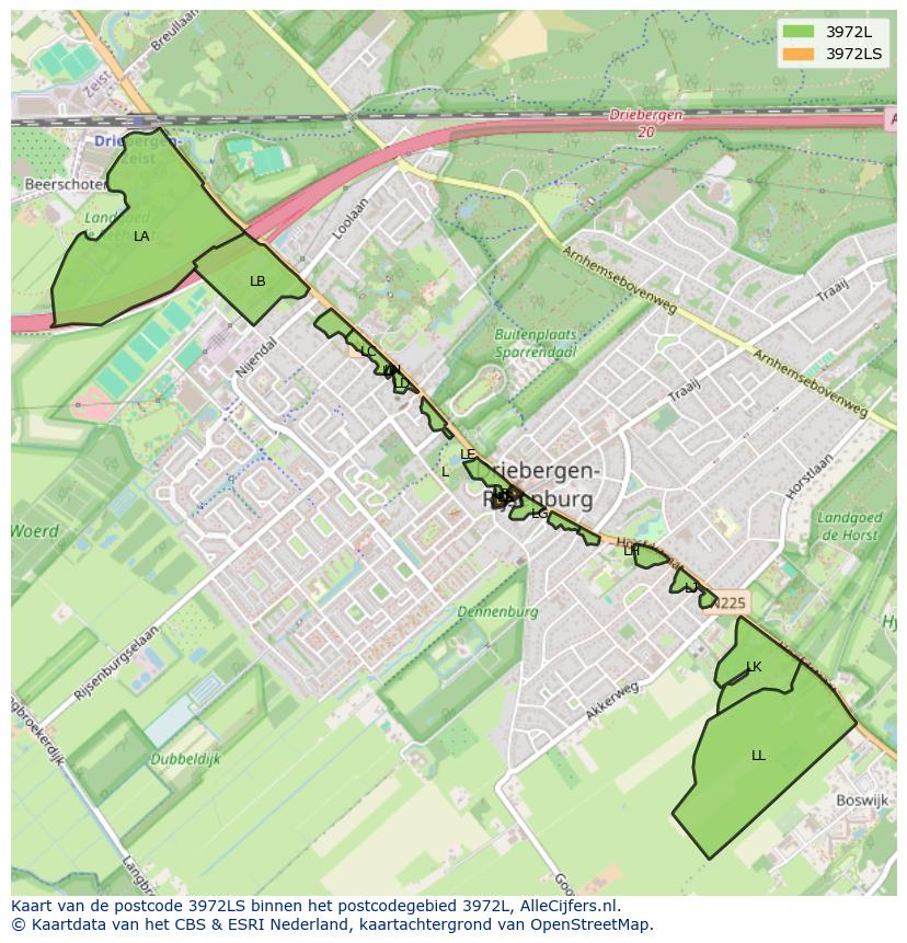 Afbeelding van het postcodegebied 3972 LS op de kaart.