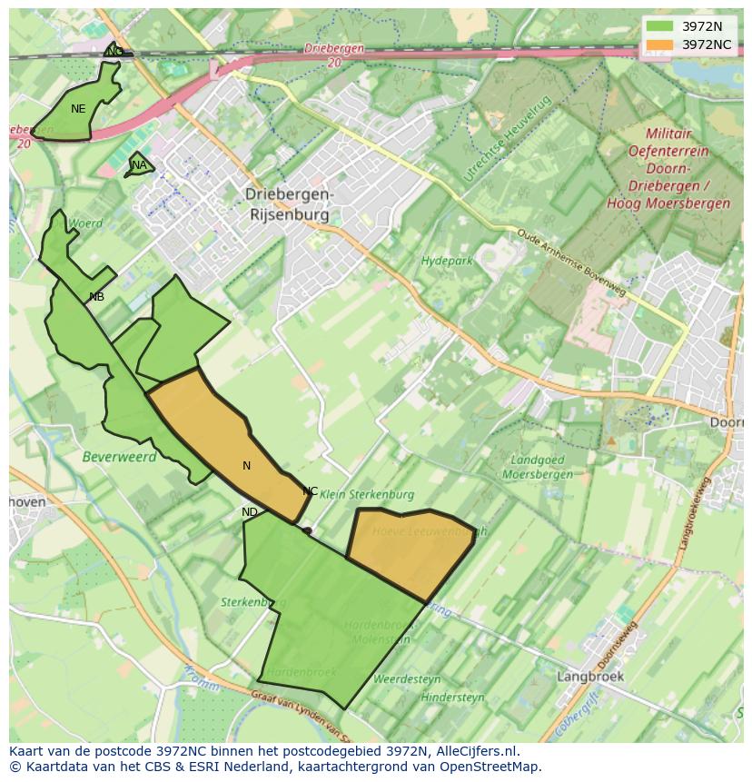 Afbeelding van het postcodegebied 3972 NC op de kaart.