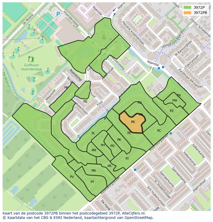 Afbeelding van het postcodegebied 3972 PB op de kaart.
