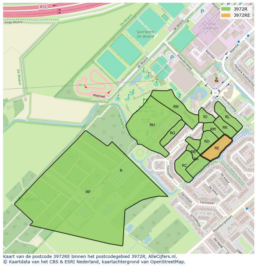 Afbeelding van het postcodegebied 3972 RE op de kaart.
