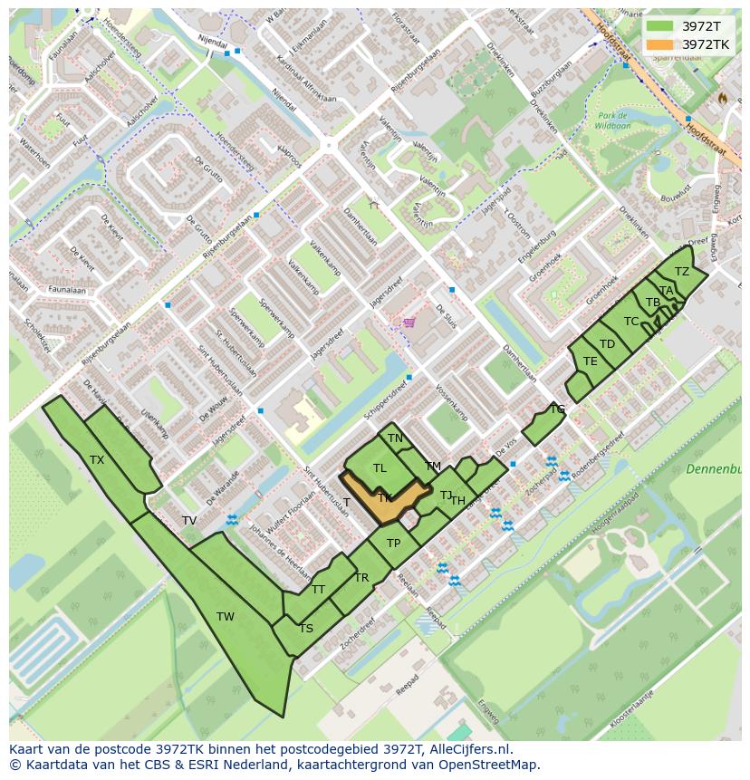 Afbeelding van het postcodegebied 3972 TK op de kaart.