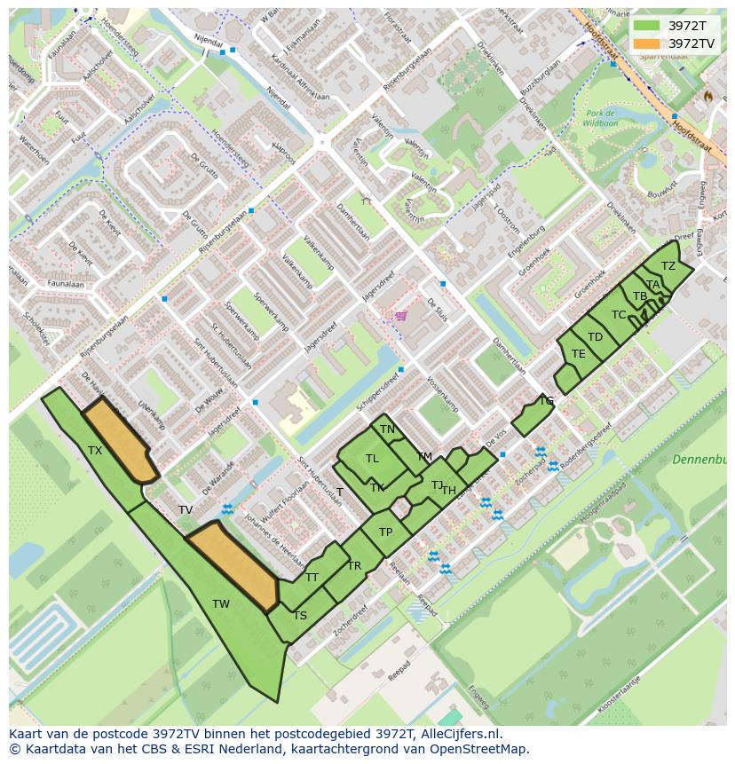 Afbeelding van het postcodegebied 3972 TV op de kaart.
