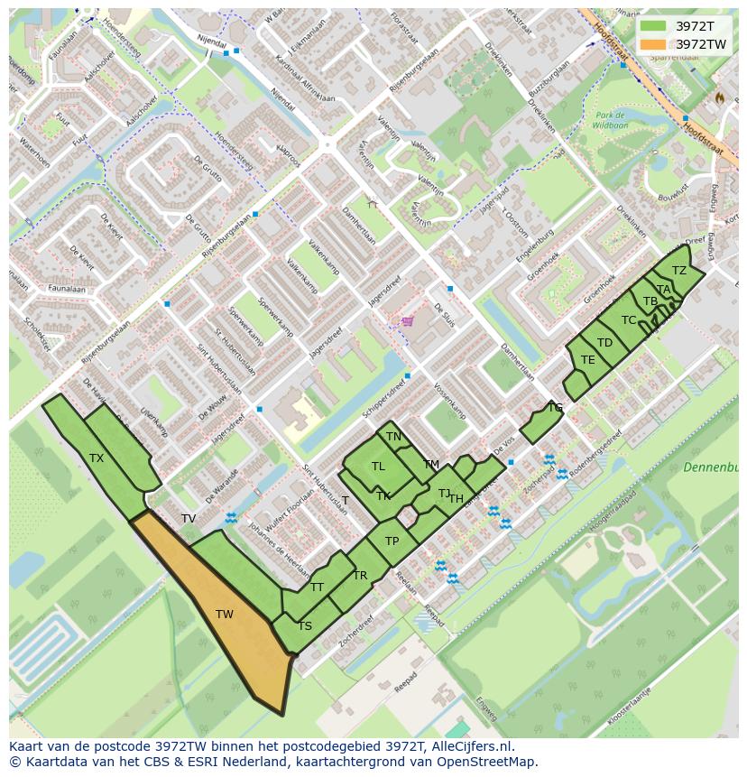Afbeelding van het postcodegebied 3972 TW op de kaart.