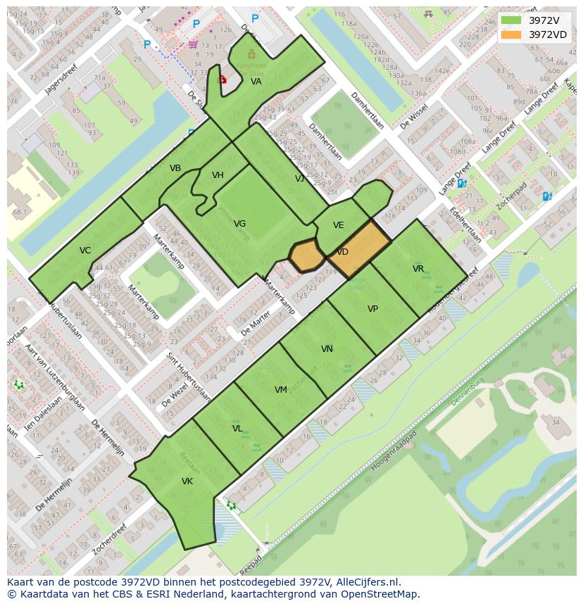 Afbeelding van het postcodegebied 3972 VD op de kaart.