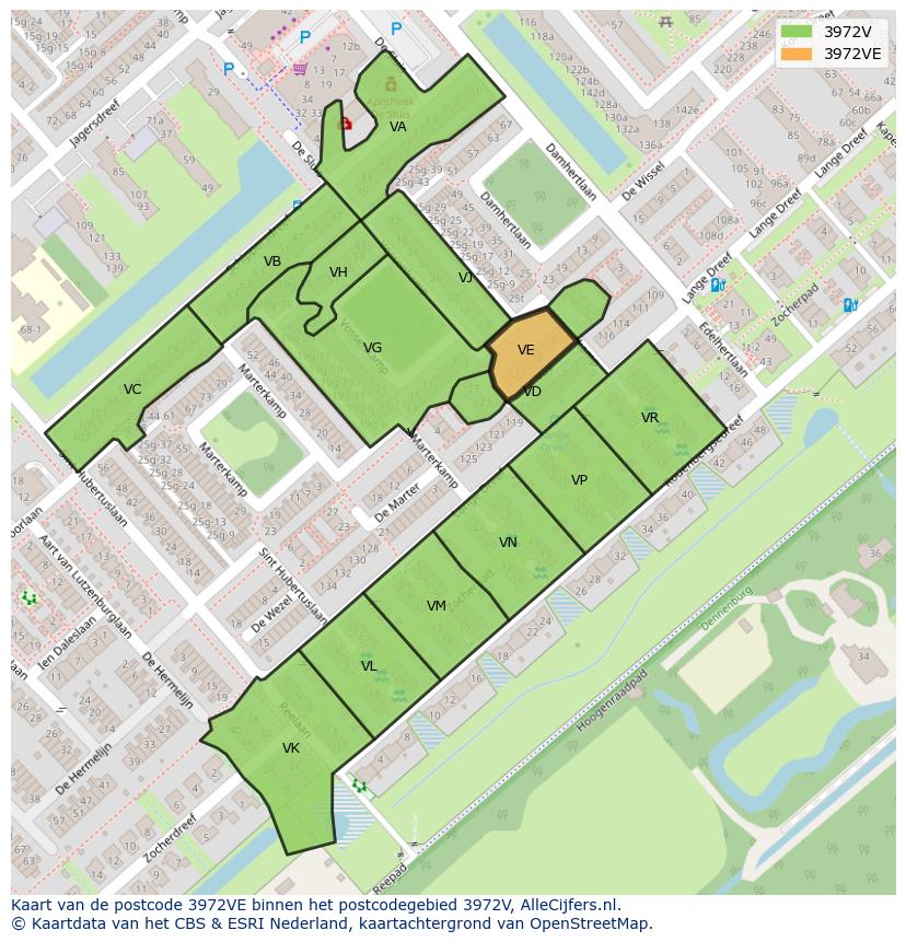 Afbeelding van het postcodegebied 3972 VE op de kaart.