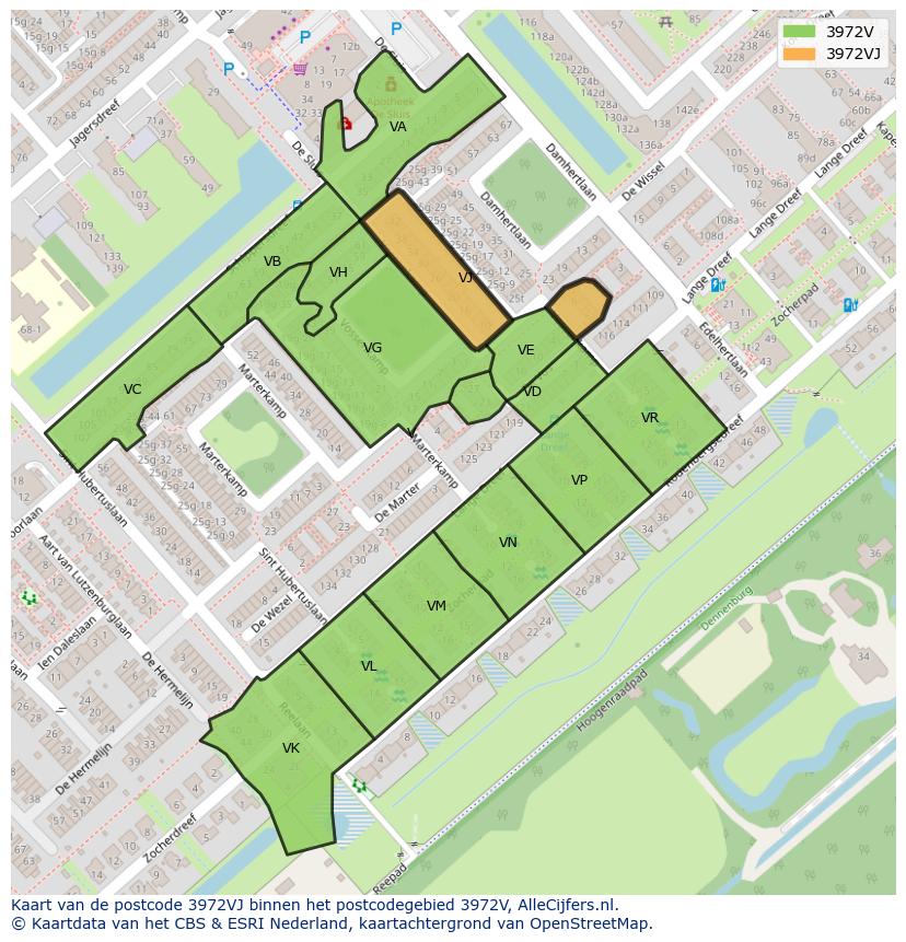 Afbeelding van het postcodegebied 3972 VJ op de kaart.