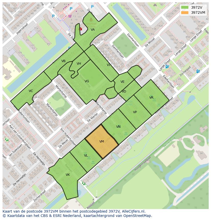 Afbeelding van het postcodegebied 3972 VM op de kaart.